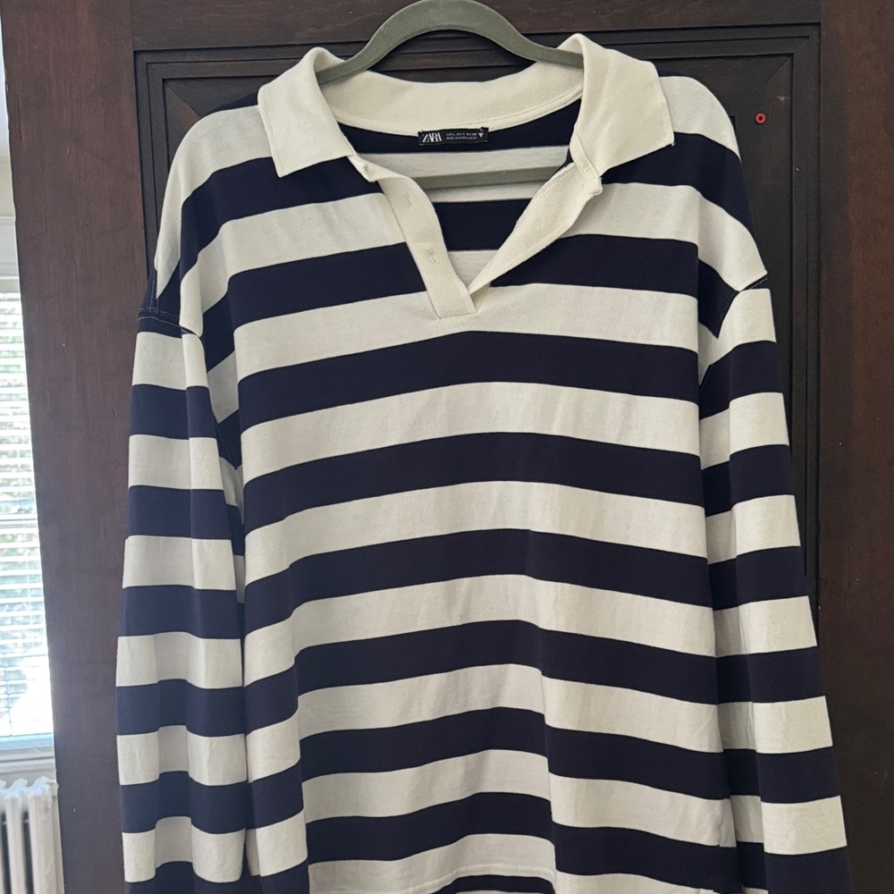 Zara Navy and White Striped Polo Shirt